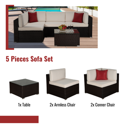 Outdoor Garden Patio Furniture 5-Piece Brown PE Rattan Wicker Sectional Beige Cushioned Sofa Sets with 2 Red Pillows