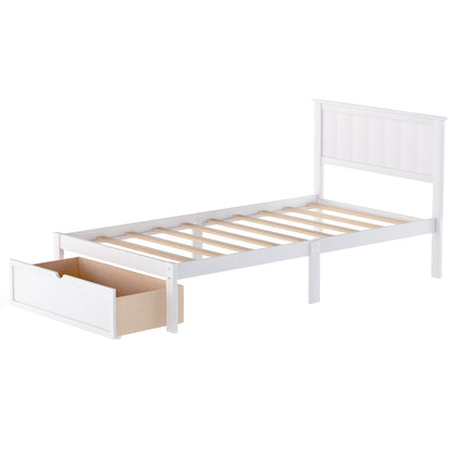 Twin Size Platform Bed with Under-bed Drawer, White