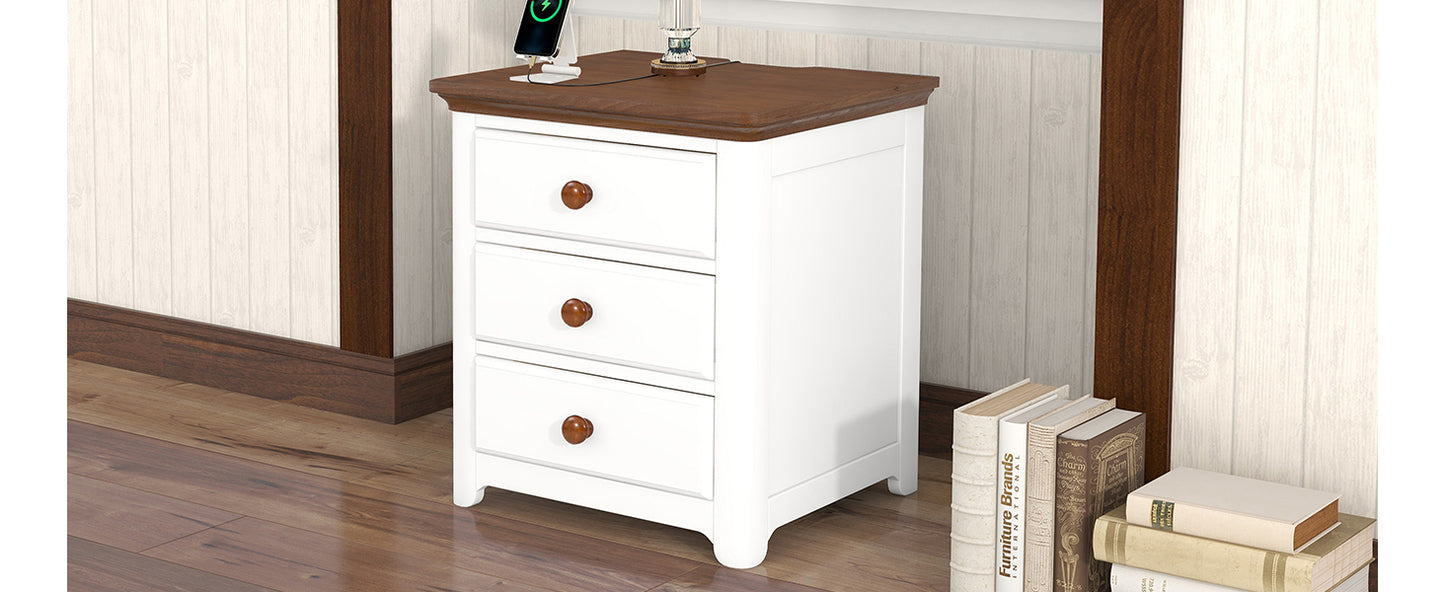 Wooden Nightstand with USB Charging Ports and Three Drawers,End Table for Bedroom,White+Walnut