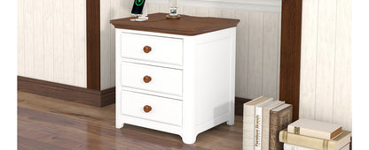 Wooden Nightstand with USB Charging Ports and Three Drawers,End Table for Bedroom,White+Walnut