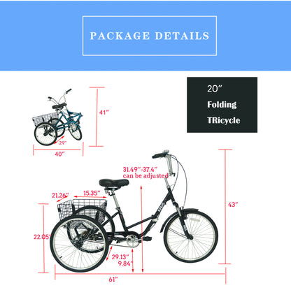 20 Inch Adult Folding Tricycles 3 Wheel W/Installation Tools with Low Step-Through, Large Basket, Foldable Tricycle for Adults, Women, Men