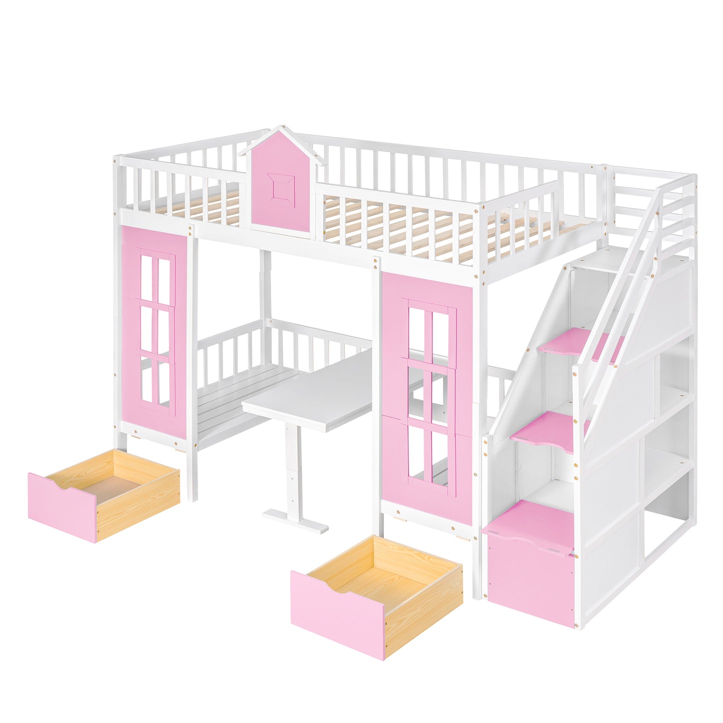 Twin-Over-Twin Bunk Bed with Changeable Table , Bunk Bed  Turn into Upper Bed and Down Desk with 2 Drawers - Pink