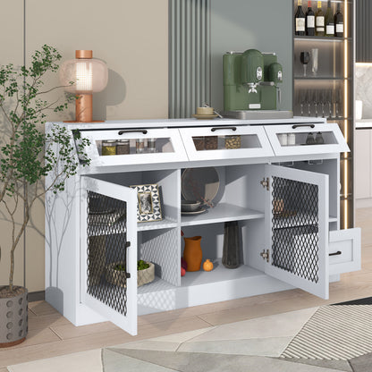 TREXM Kitchen Sideboard Multifunctional Buffet Cabinet with 4 Drawers, Mesh Metal Doors with Adjustable Shelves and Wineglass Holders (White)