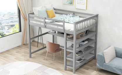 Full Size Loft Bed with Storage Shelves and Under-bed Desk, Gray(OLD SKU:SM000246AAE-1)