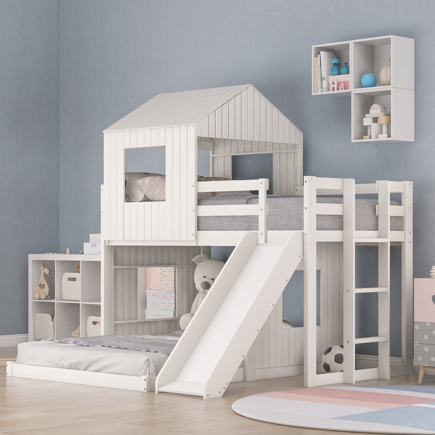 Wooden Twin Over Full Bunk Bed, Loft Bed with Playhouse, Farmhouse, Ladder, Slide and Guardrails, White(OLD SKU :LP000028AAK)