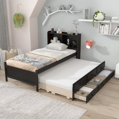 Twin Bed with Bookcase,Twin Trundle,Drawers,Espresso