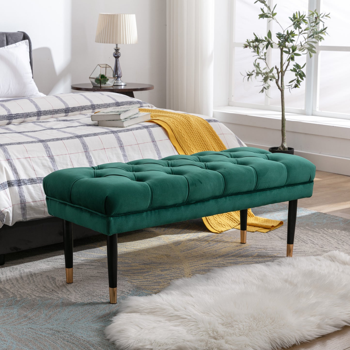 Tufted Bench Modern Velvet Button Upholstered Ottoman enches Bedroom Rectangle Fabric Footstool with Metal Legs for Living Room Entryway,Green