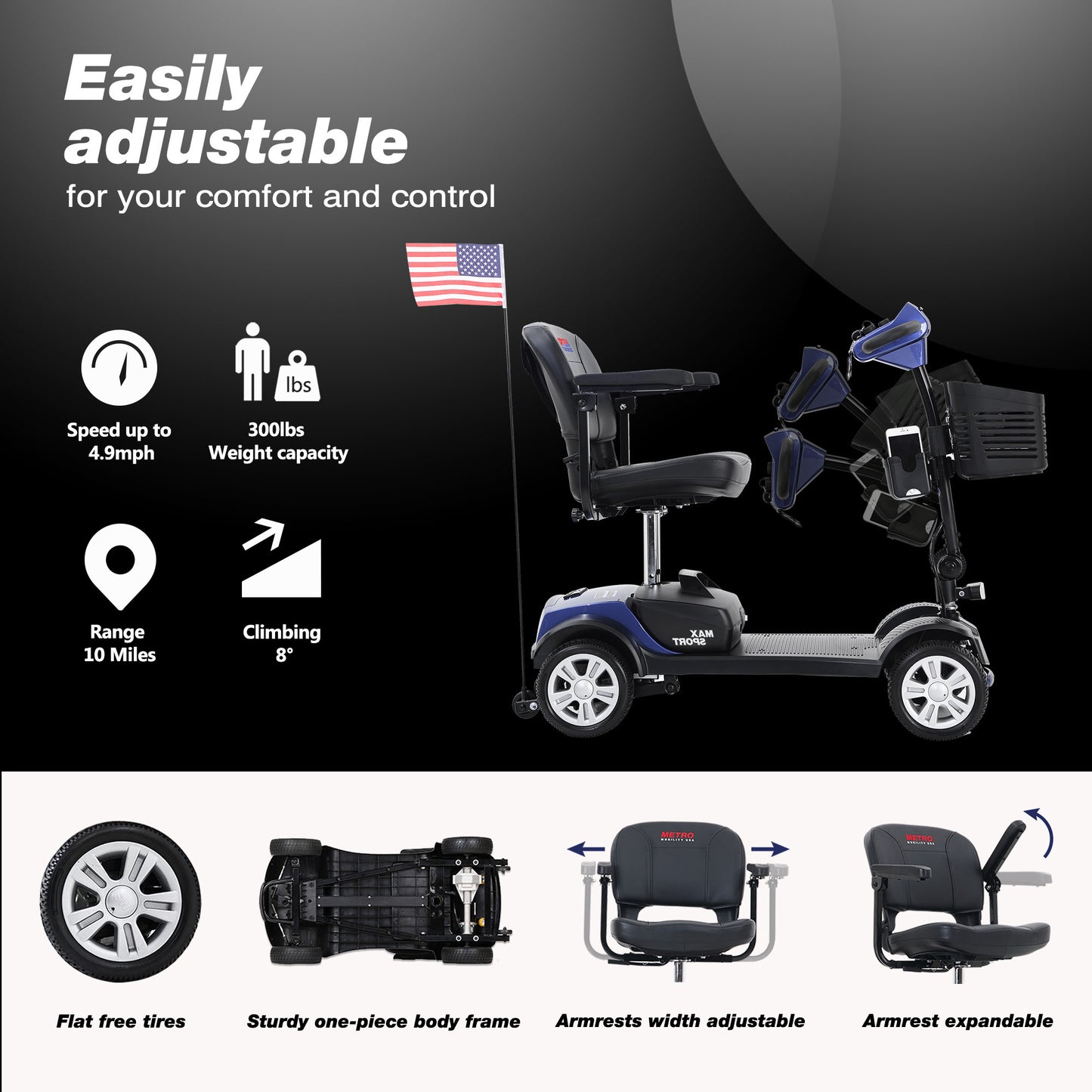 MAX SPORT BLUE 4 Wheels Outdoor Compact Mobility Scooter with 2 in 1 Cup & Phone Holder