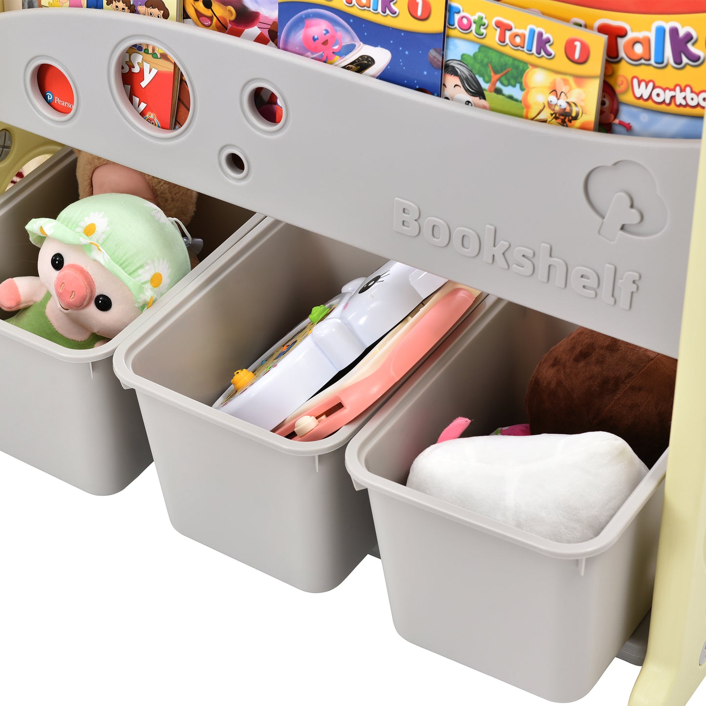 Kids Bookshelf Toy Storage Organizer with 12 Bins and 4 Bookshelves, Multi-functional Nursery Organizer Kids Furniture Set Toy Storage Cabinet Unit with HDPE Shelf and Bins