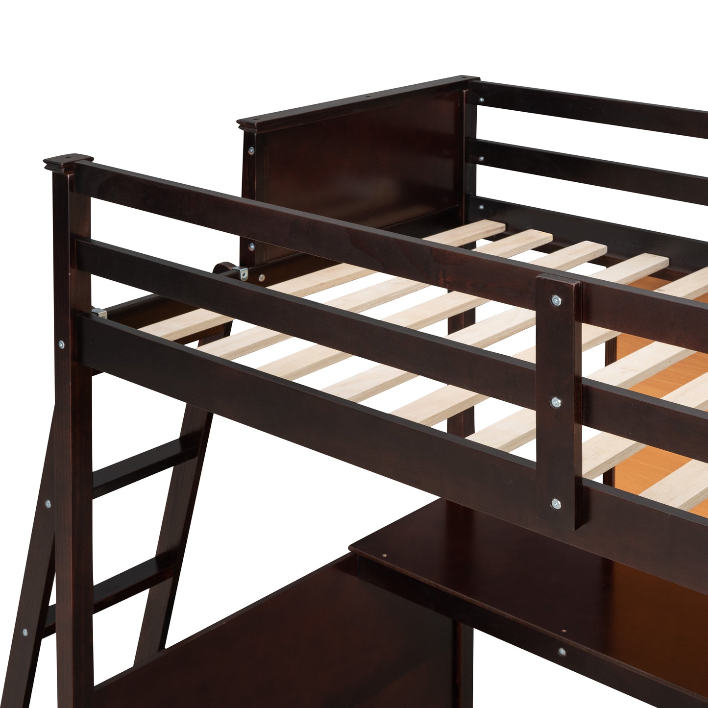 Twin size Loft Bed with Desk and Writing Board, Wooden Loft Bed with Desk - Espresso