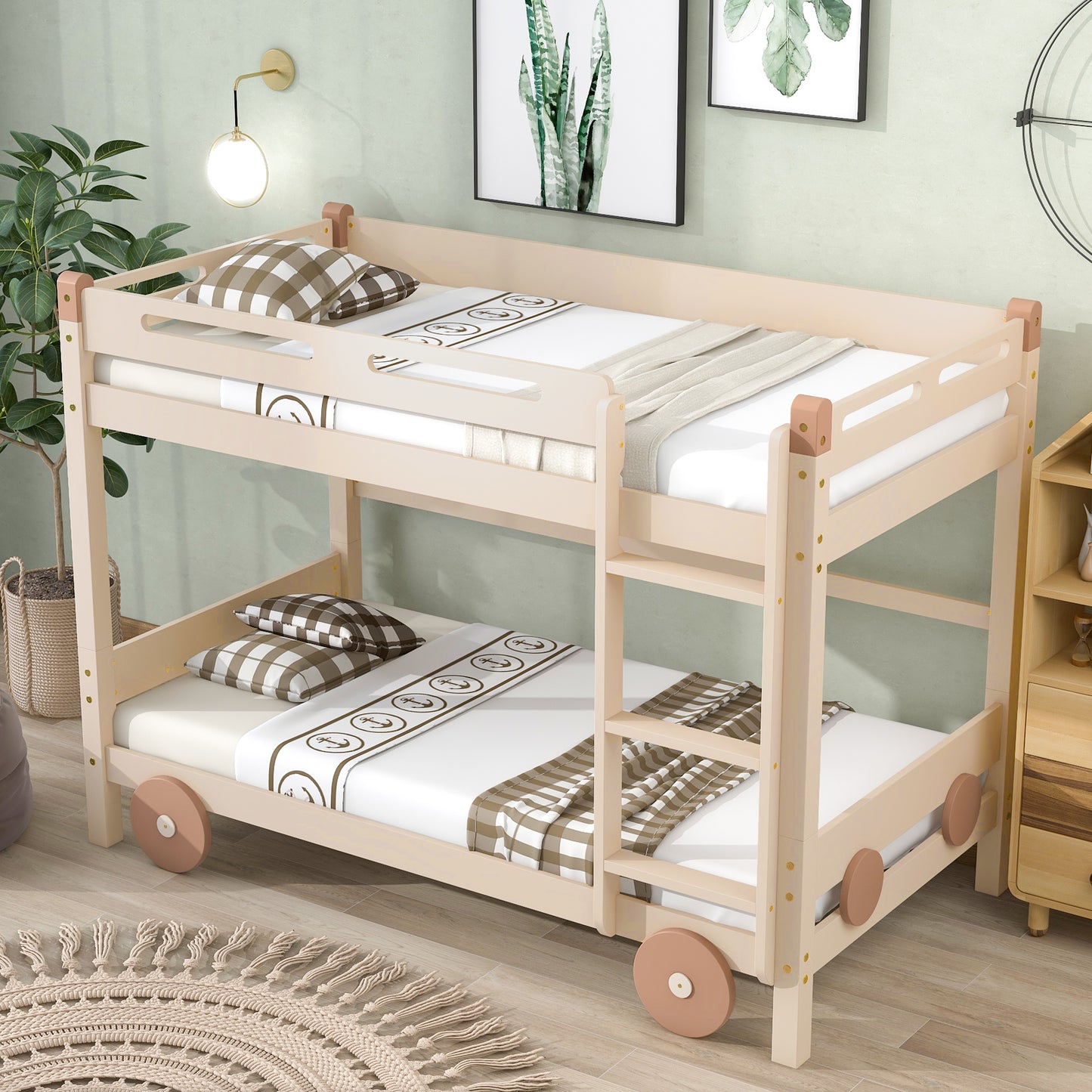 Twin Size Car-Shaped Convertible Bunk Bed, White, Natural+Brown