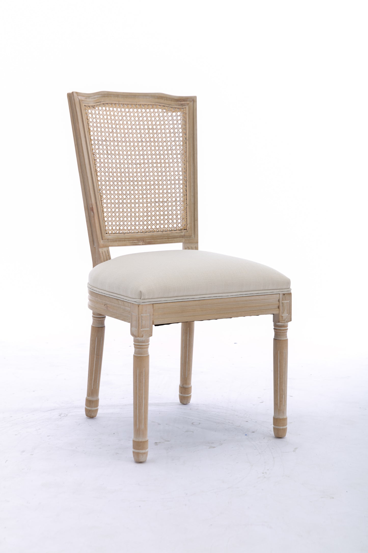 French Style Solid Wood Frame Antique Painting Linen Fabric Square Rattan Back Dining Chair,Set of 2,Cream