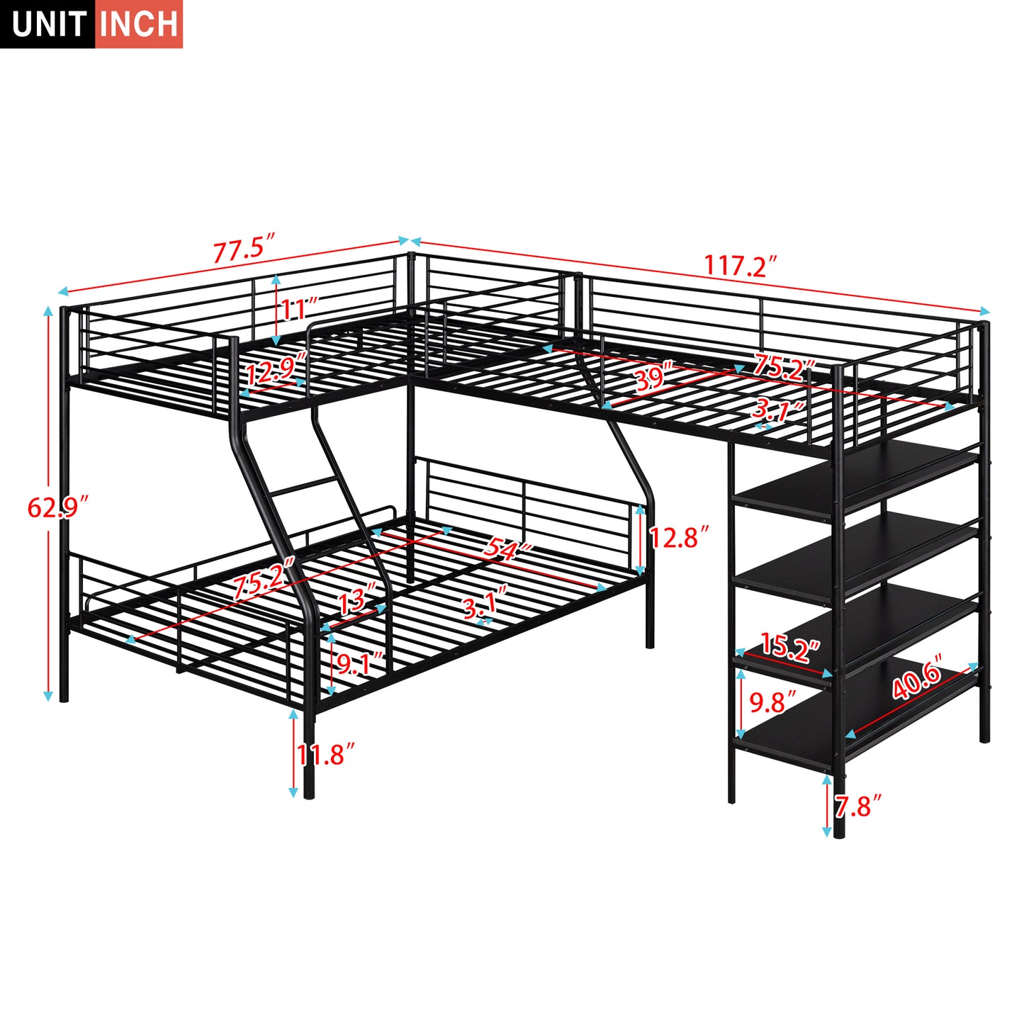 L-Shaped Metal Twin over Full Bunk Bed and Twin Size Loft Bed with Four Built-in Shelves,Black