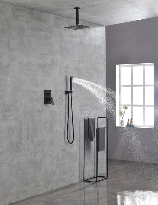 10 Inches Matte Black Shower Set System Bathroom Luxury Rain Mixer Shower Combo Set Ceiling Mounted Rainfall Shower Head Faucet (Contain Shower Faucet Rough-In Valve Body and Trim)