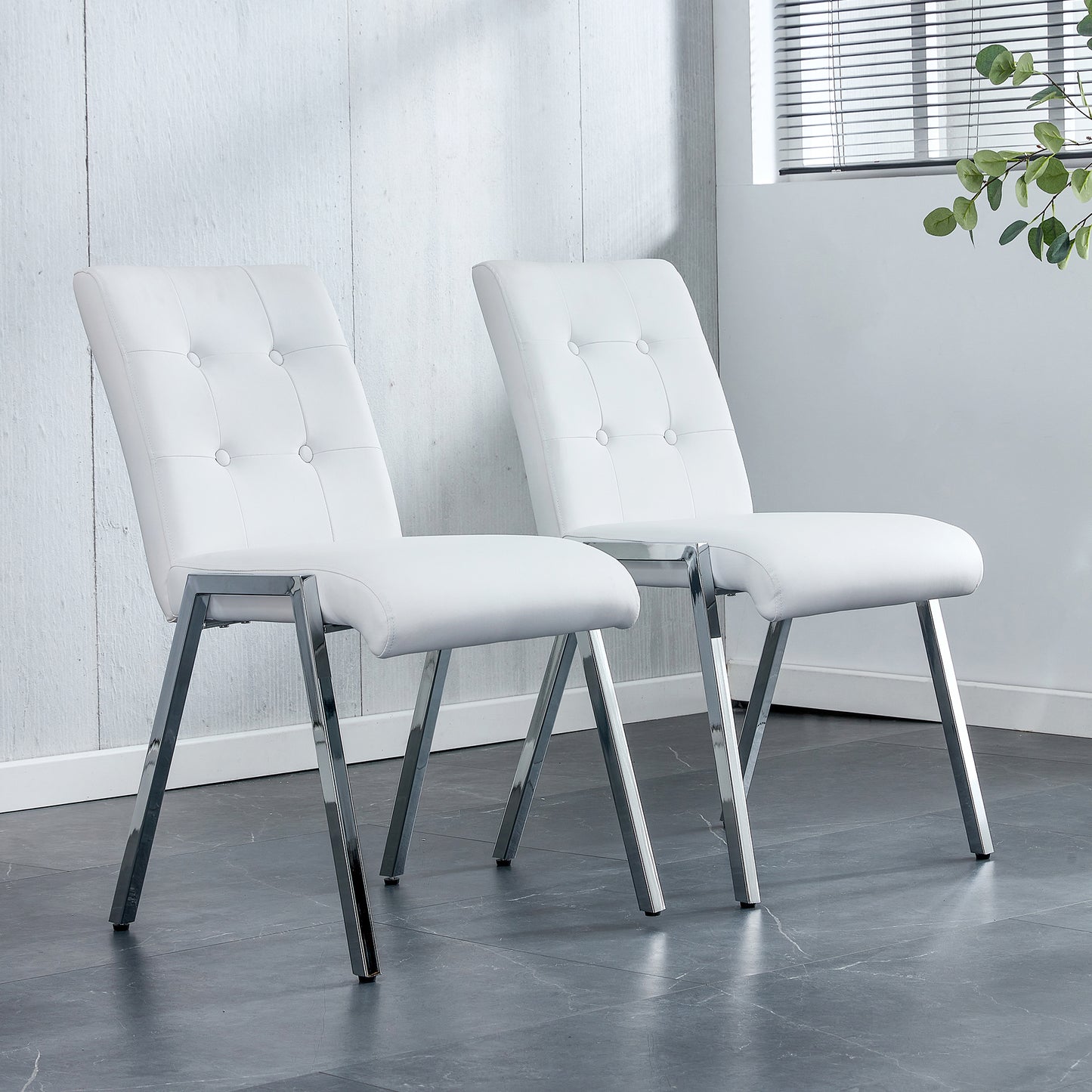 Grid shaped armless high back dining chair,2-piece set, office chair. Applicable to dining room, living room, kitchen and office.White  Chair and Electroplated metal leg