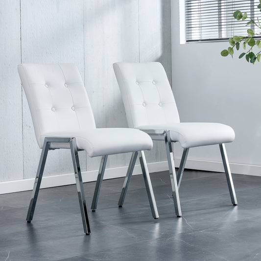 Grid shaped armless high back dining chair,2-piece set, office chair. Applicable to dining room, living room, kitchen and office.White  Chair and Electroplated metal leg