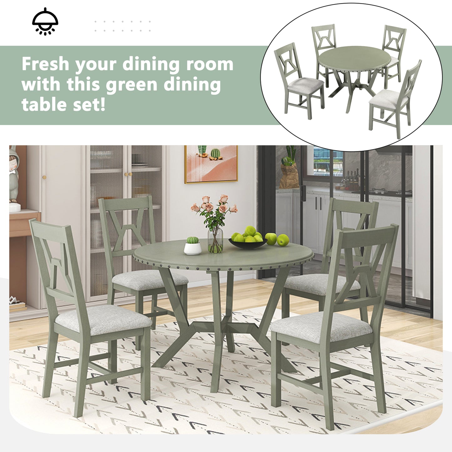 TOPMAX Mid-Century 5-Piece Dining Table Set, Round Table with Cross Legs, 4 Upholstered Chairs for Small Places, Kitchen, Studio, Green