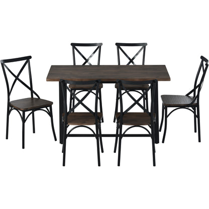 TREXM 7 Piece Industrial Dining Table Set Rectangular Table with 6 Dining Chairs Kitchen Table Set with Metal Frame (Rustic Brown)