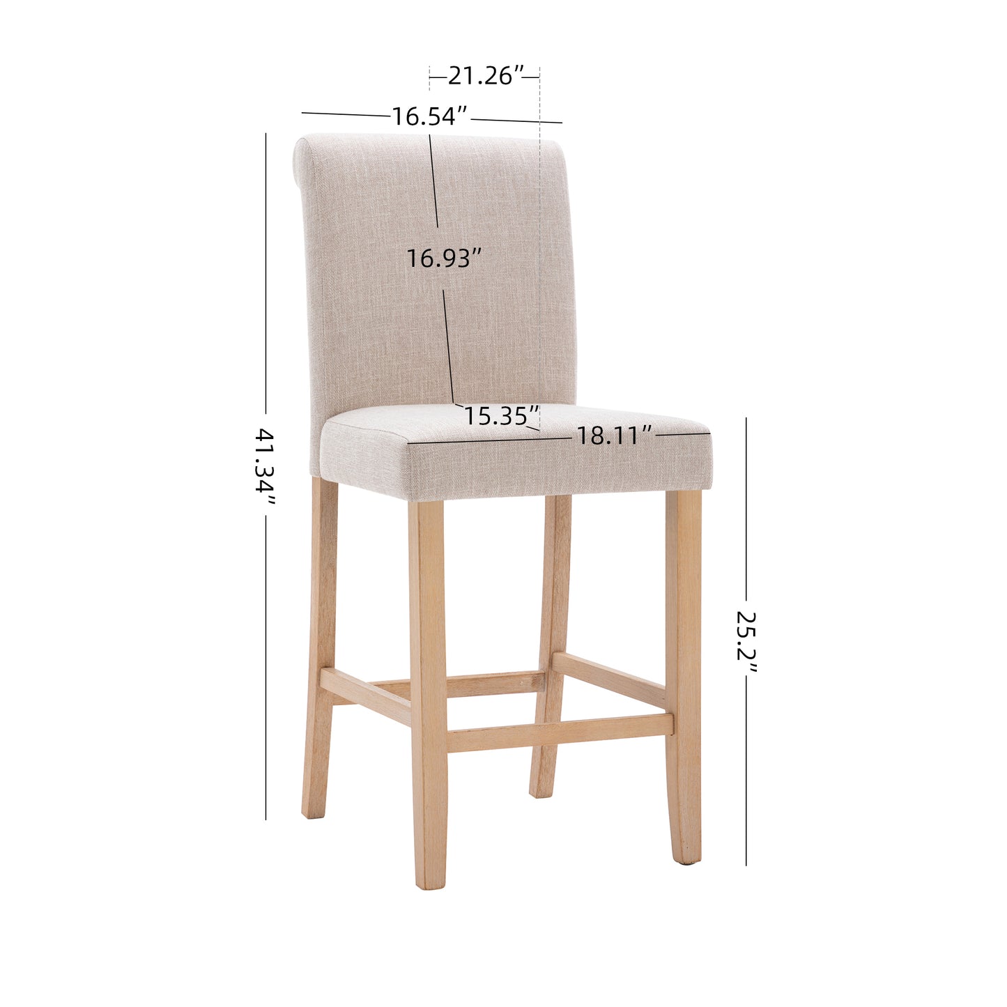 Hengming Set of 2 Bar Stools Soft Cushions with Solid Wood Legs(Beige)