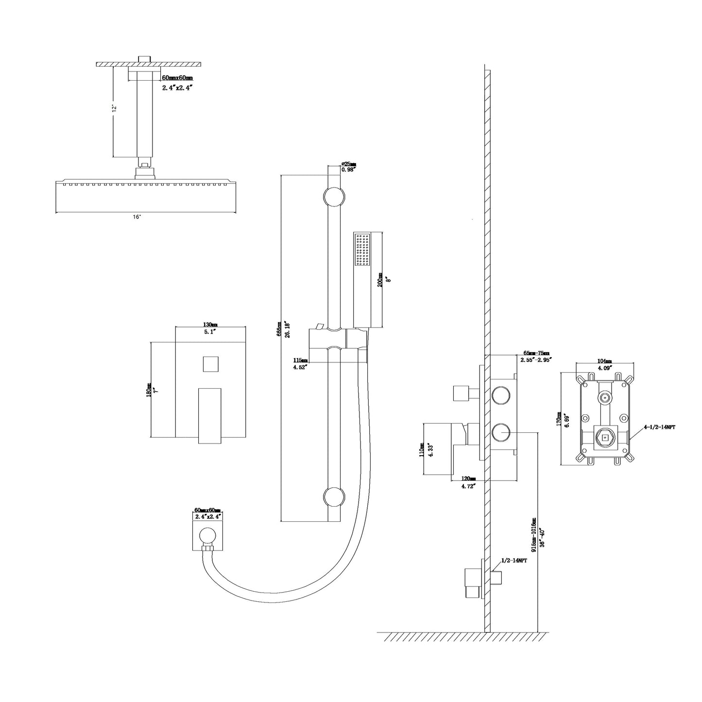 16" Rain Shower Head Systems ,with 26.18 inch Adjustable Angle Slide Bar,Brushed Nickel,Ceiling Mounted shower