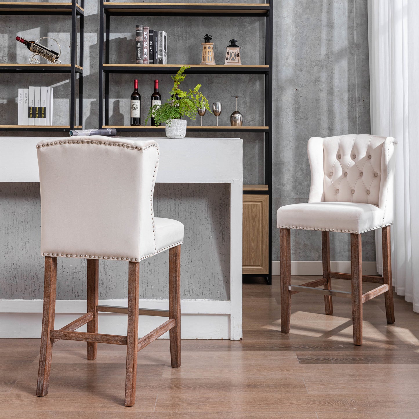 A&A Furniture,Counter Height Bar Stools, Upholstered 27" Seat Height Barstools, Wingback Breakfast Chairs with Nailhead-Trim & Tufted Back, Wood Legs, Set of 2(Beige)