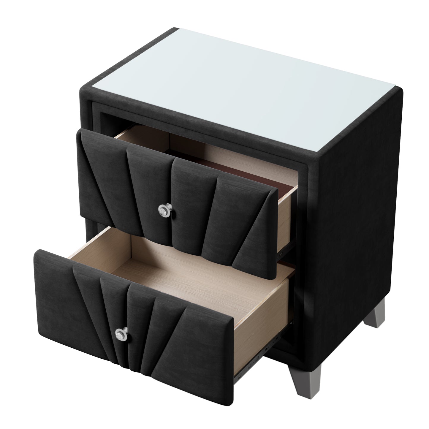 Contemporary Velvet Upholstered Glass Top Nightstand End table with Two Drawers Gray Solid Wood,Black