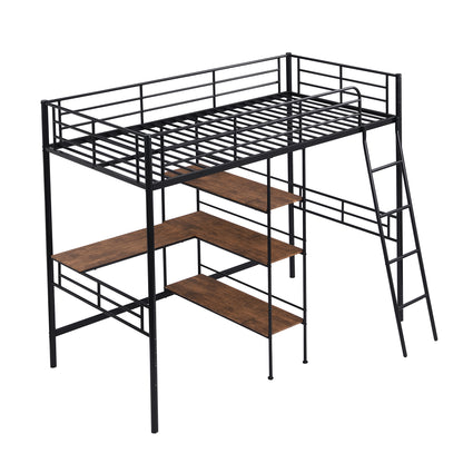 Twin Size Metal Loft Bed and Built-in Desk and Shelves,Black(OLD DKU:WF280270AAB)