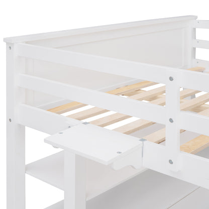 Full size Loft Bed with Drawers and Desk, Wooden Loft Bed with Shelves - White(OLD SKU:LT000529AAK)