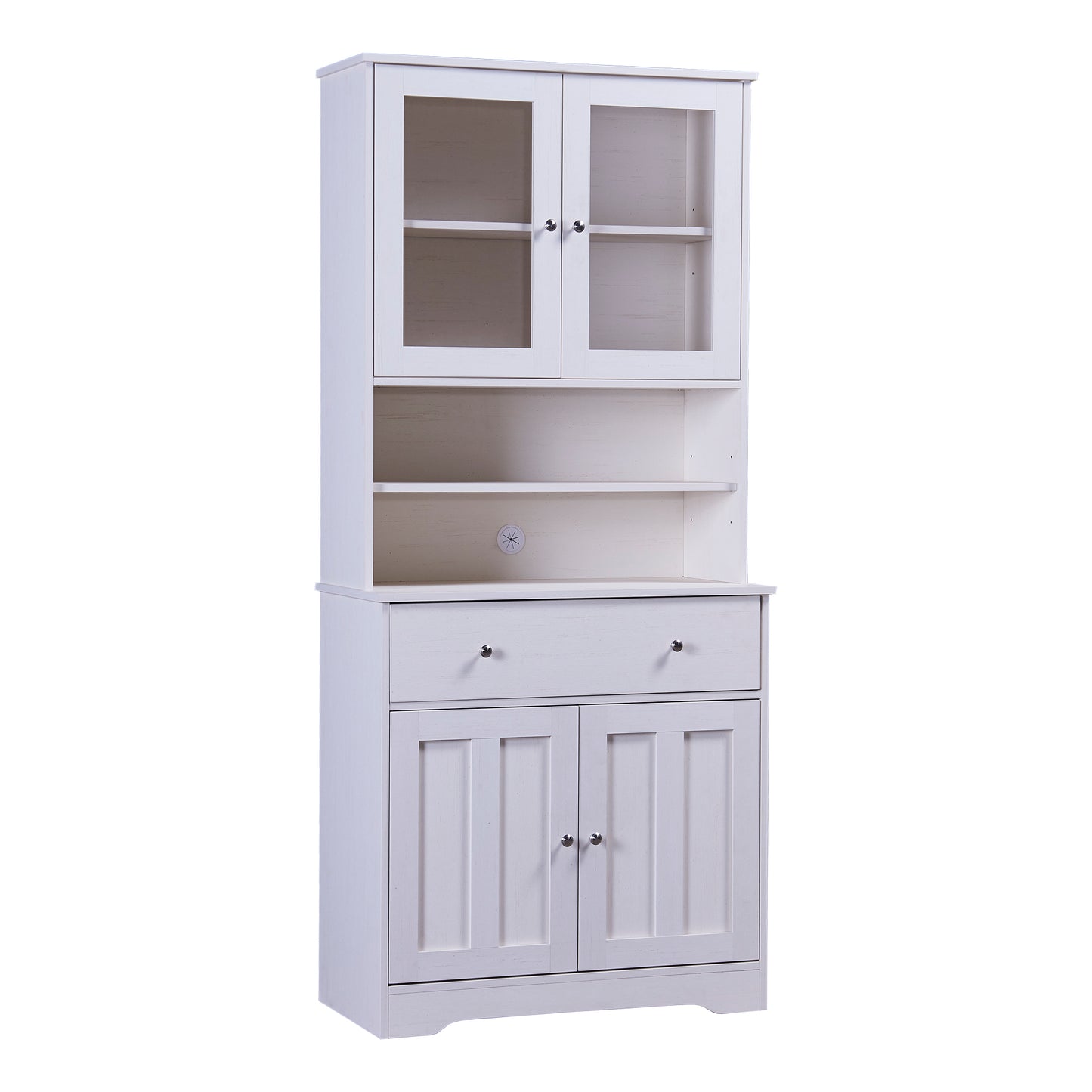 TREXM 70.9" Multifunctional Pantry Cabinet MDF Storage Cabinet with Glass Doors, A Large Drawer and Adjustable Shelves (Antique White)