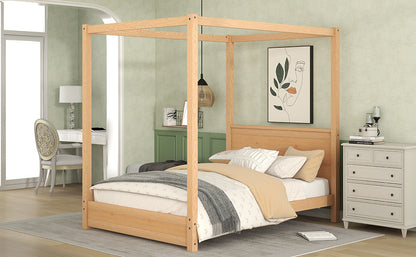 Full Size Canopy Platform Bed with Headboard and Support Legs,Natural