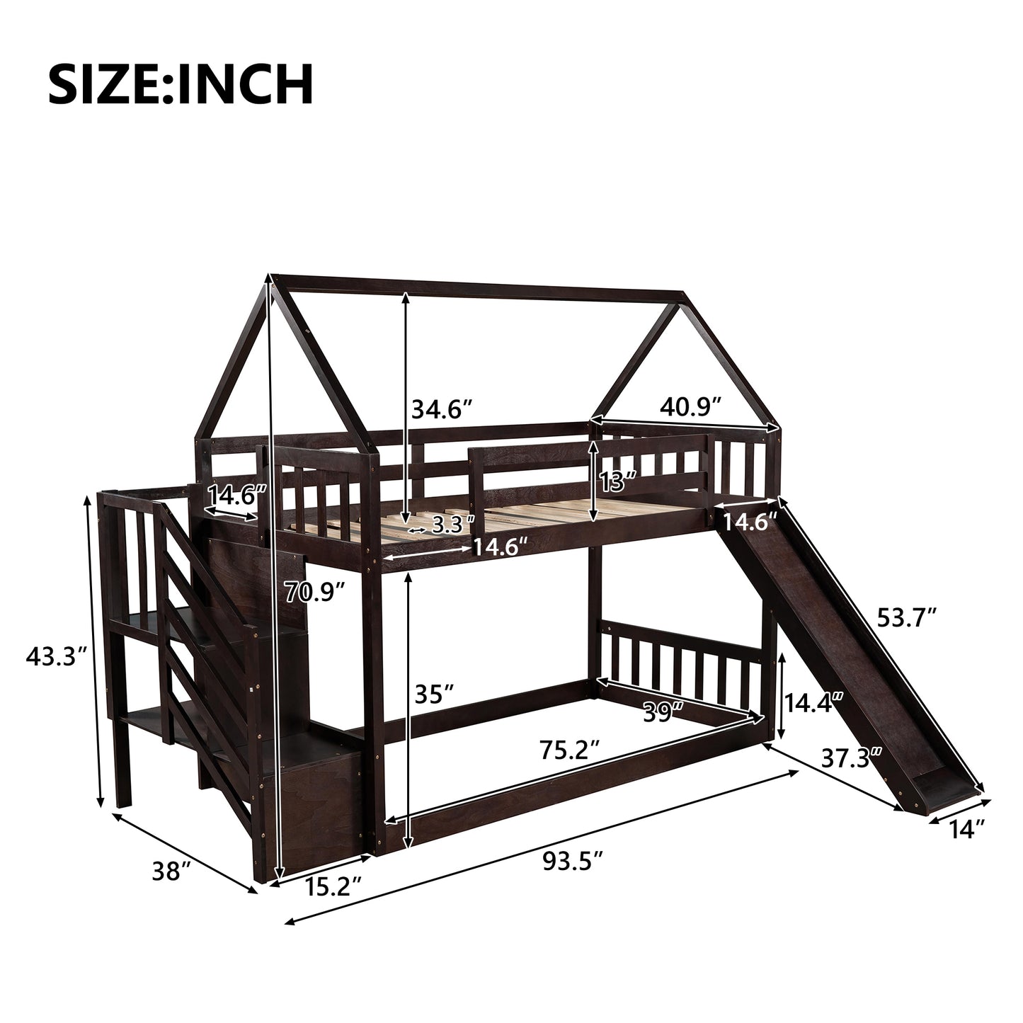 Twin over Twin House Bunk Bed with Slide and Storage Staircase,Espresso