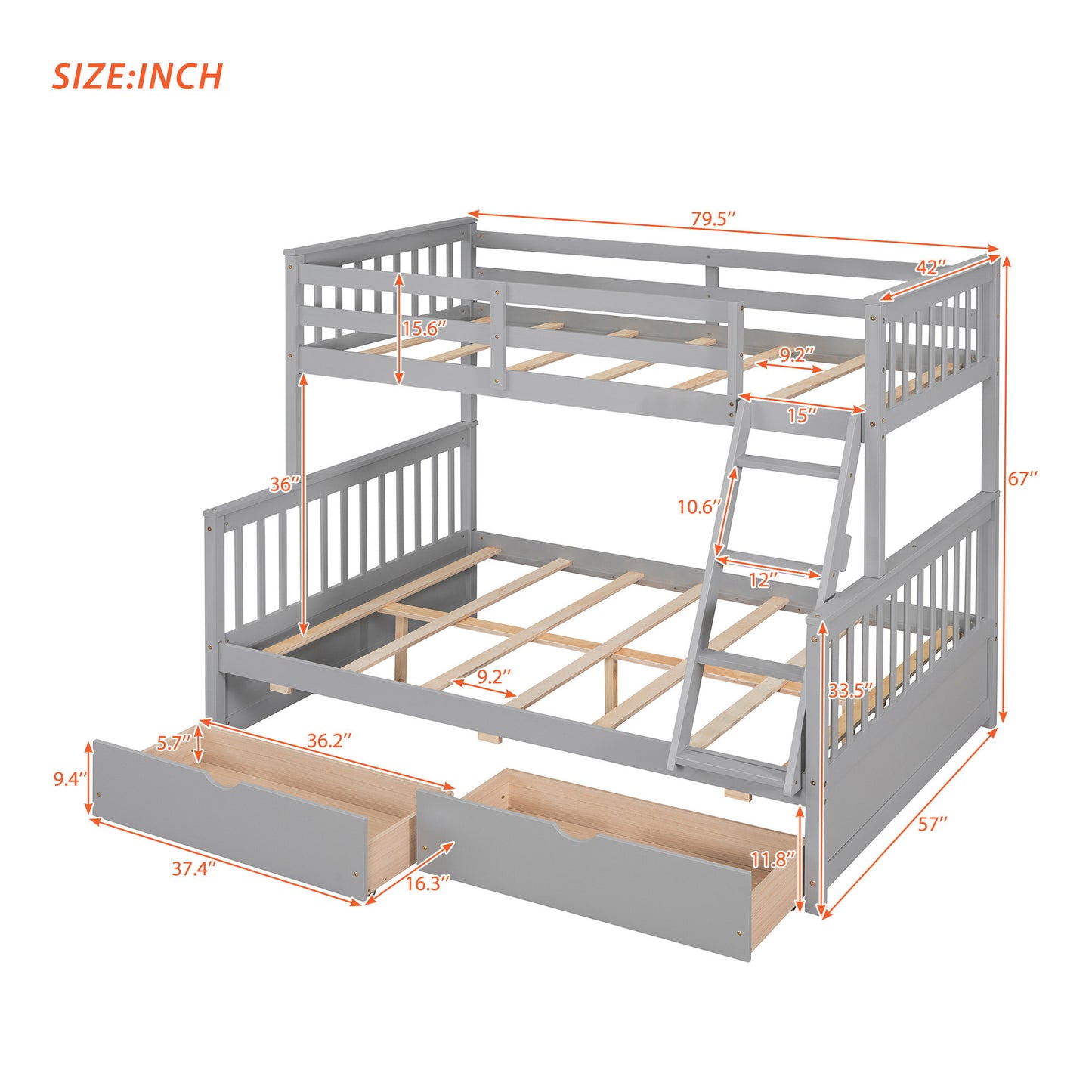 Twin-Over-Full Bunk Bed with Ladders and Two Storage Drawers(Gray)( old sku:LT000165AAE）