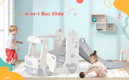 Kids Slide with Bus Play Structure Climber, Freestanding Bus Climber with Slide for Toddlers, Bus Climber Slide Set with Basketball Hoop