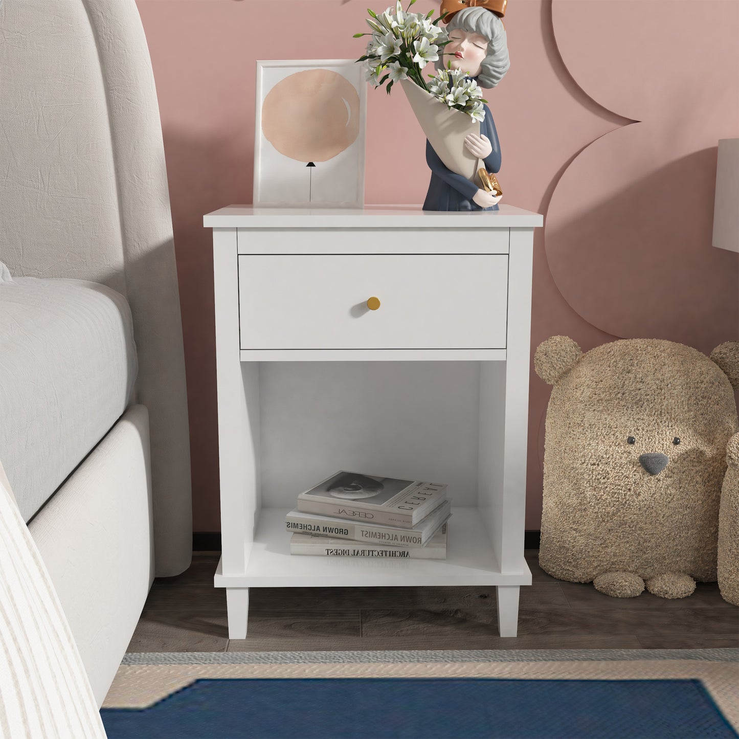 Wooden Nightstand with One Drawer One Shelf for Kids, Adults, White