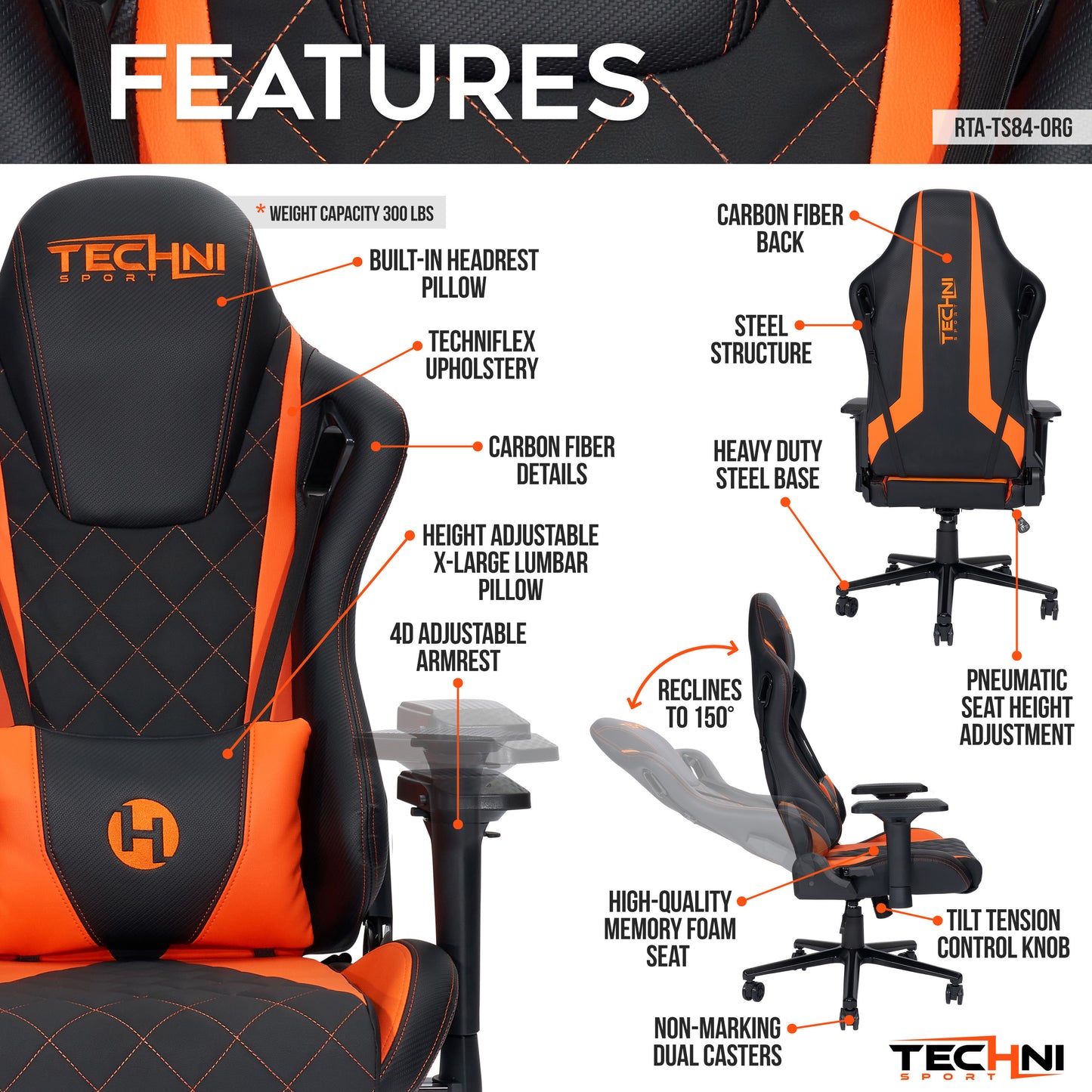 Techni Sport TS-84 Ergonomic High Back Racer Style PC Gaming Chair, Orange