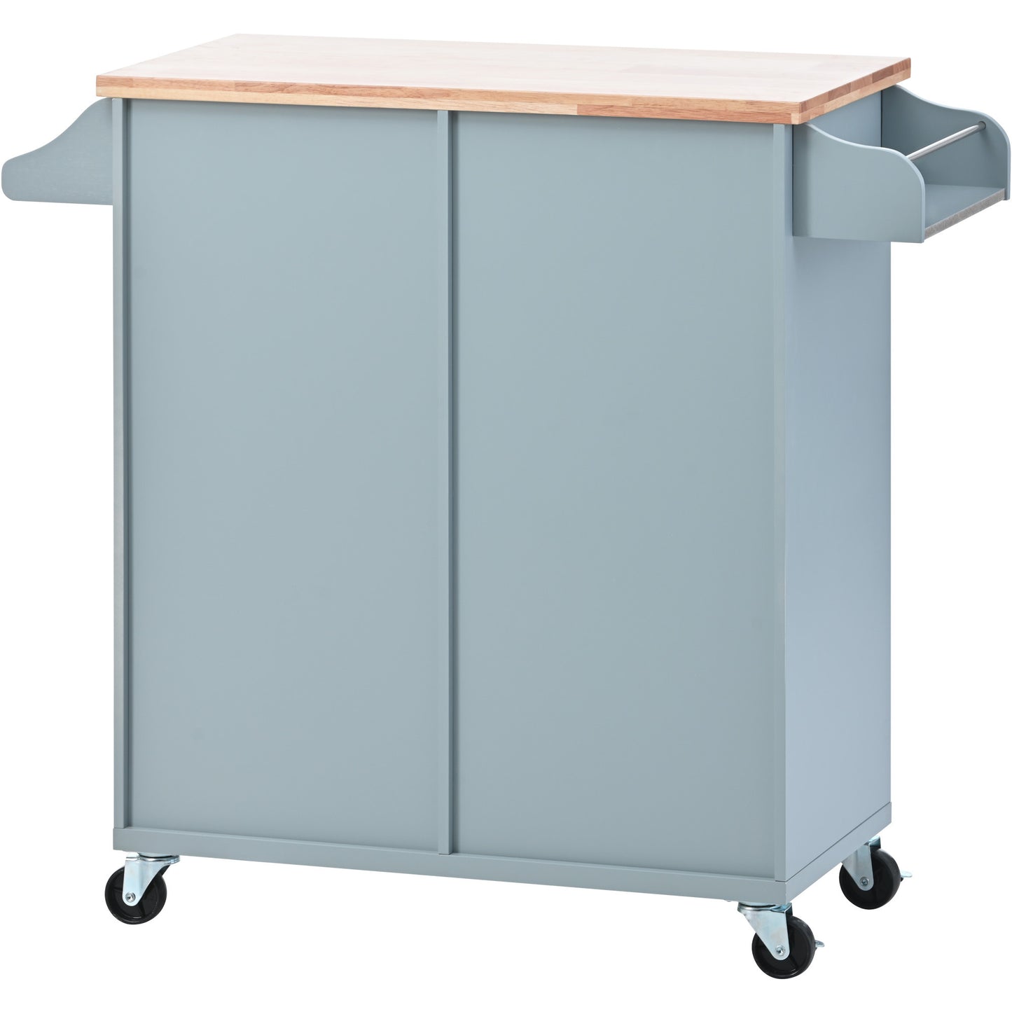 K&K Store Kitchen Cart on 4 Wheels with 2 Drawers and 3 Open Shelves, Kitchen Island with Rubber Wood top for Dinning Room, Grey Blue