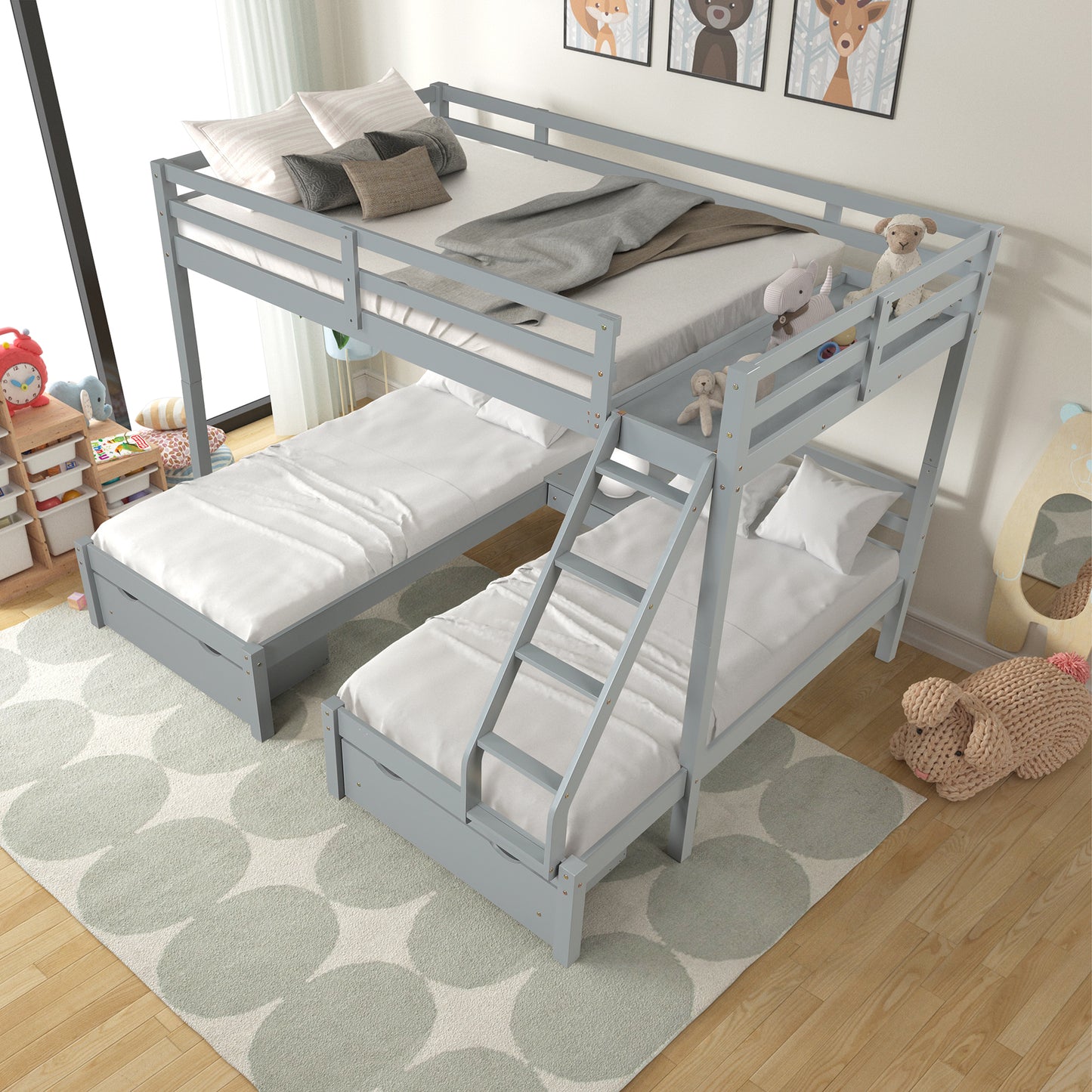 Solid Wood Full over  Twin & Twin Bunk Bed with 3 Storage Drawers, Grey (96.8”x79”x68.3”)