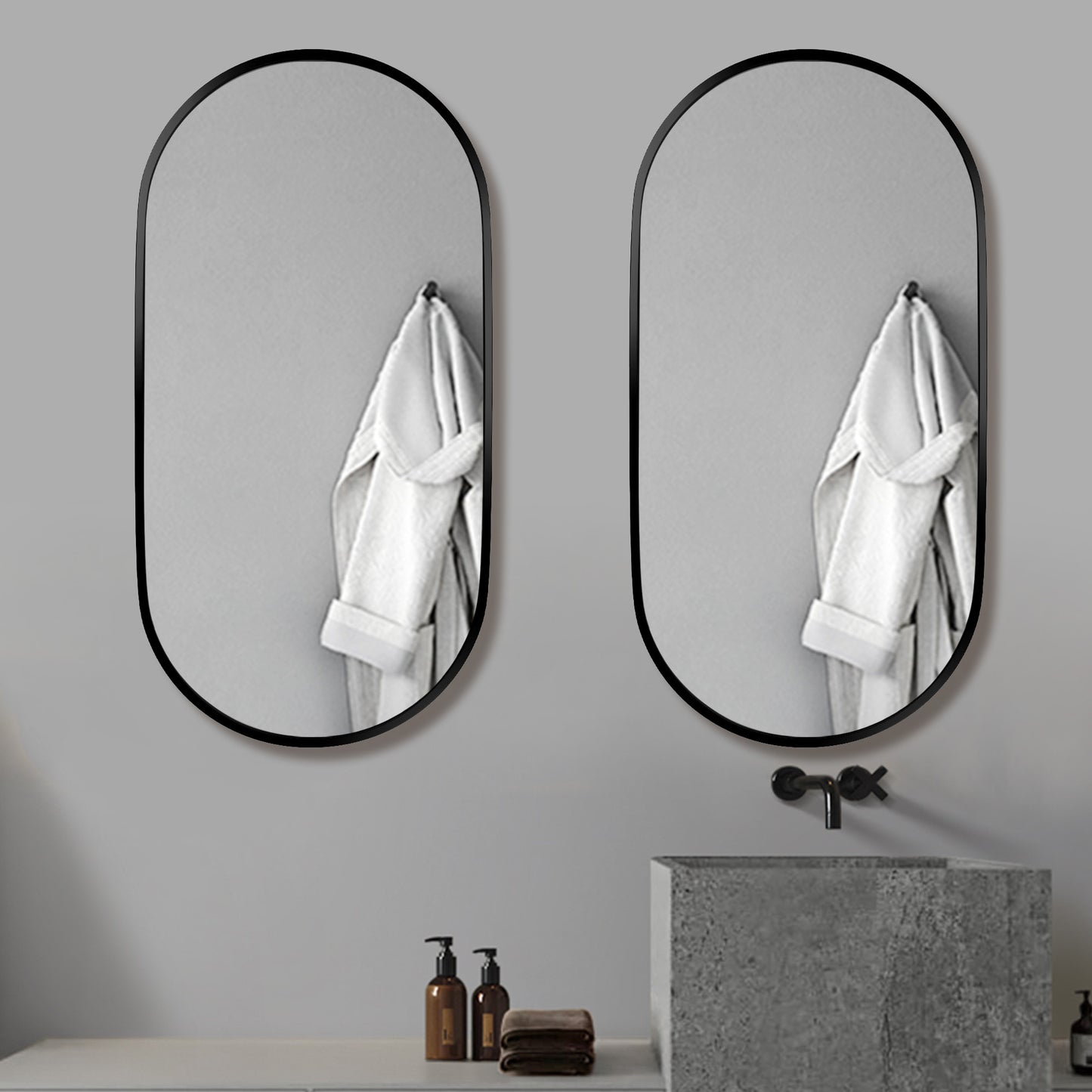 Wall Mounted Mirror, 36’’x18’’ Oval Bathroom Mirror, Black Vanity Wall Mirror w/ Stainless Steel Metal Frame & Pre-Set Hooks for Vertical & Horizontal Hang, Ideal for Bedroom, Bathroom