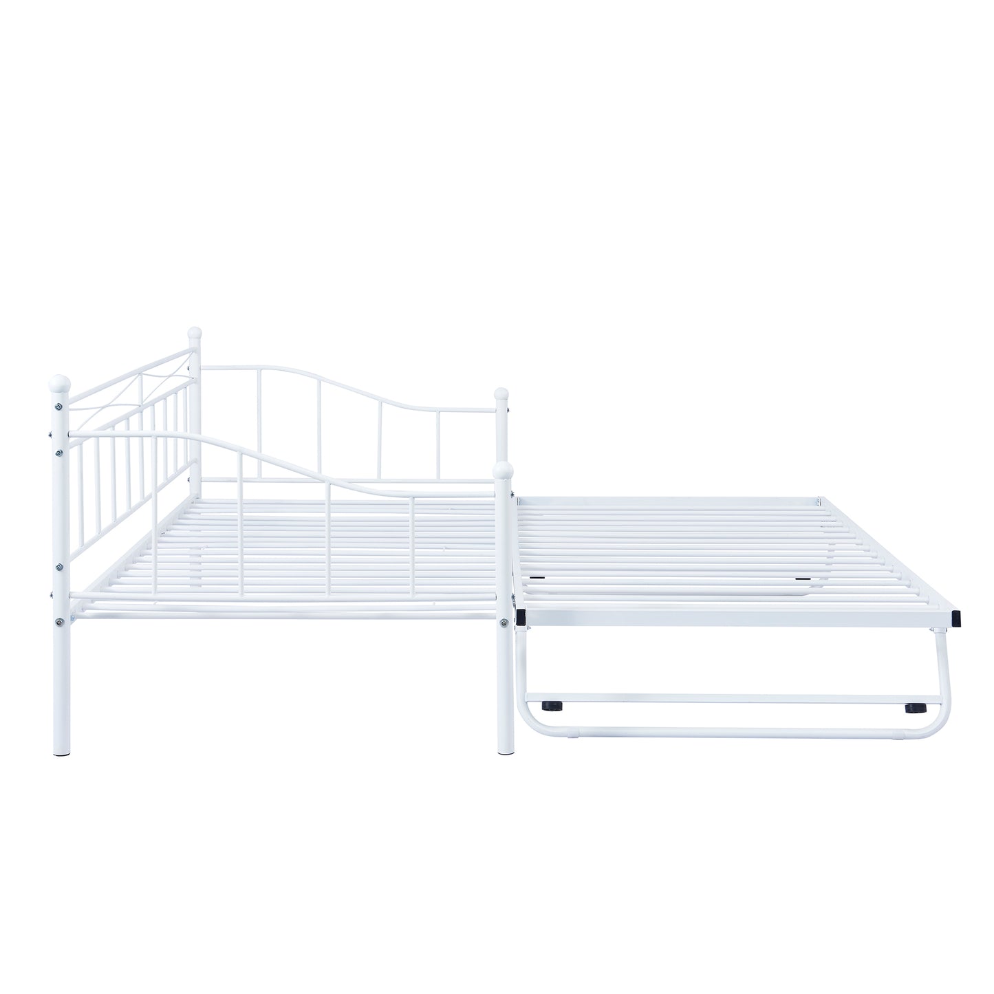 Twin Size Metal Daybed with Twin Size Adjustable Trundle, Portable Folding Trundle, White