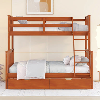 Twin-Over-Full Bunk Bed with Ladders and Two Storage Drawers (Walnut) ( old sku:LT000165AAD）