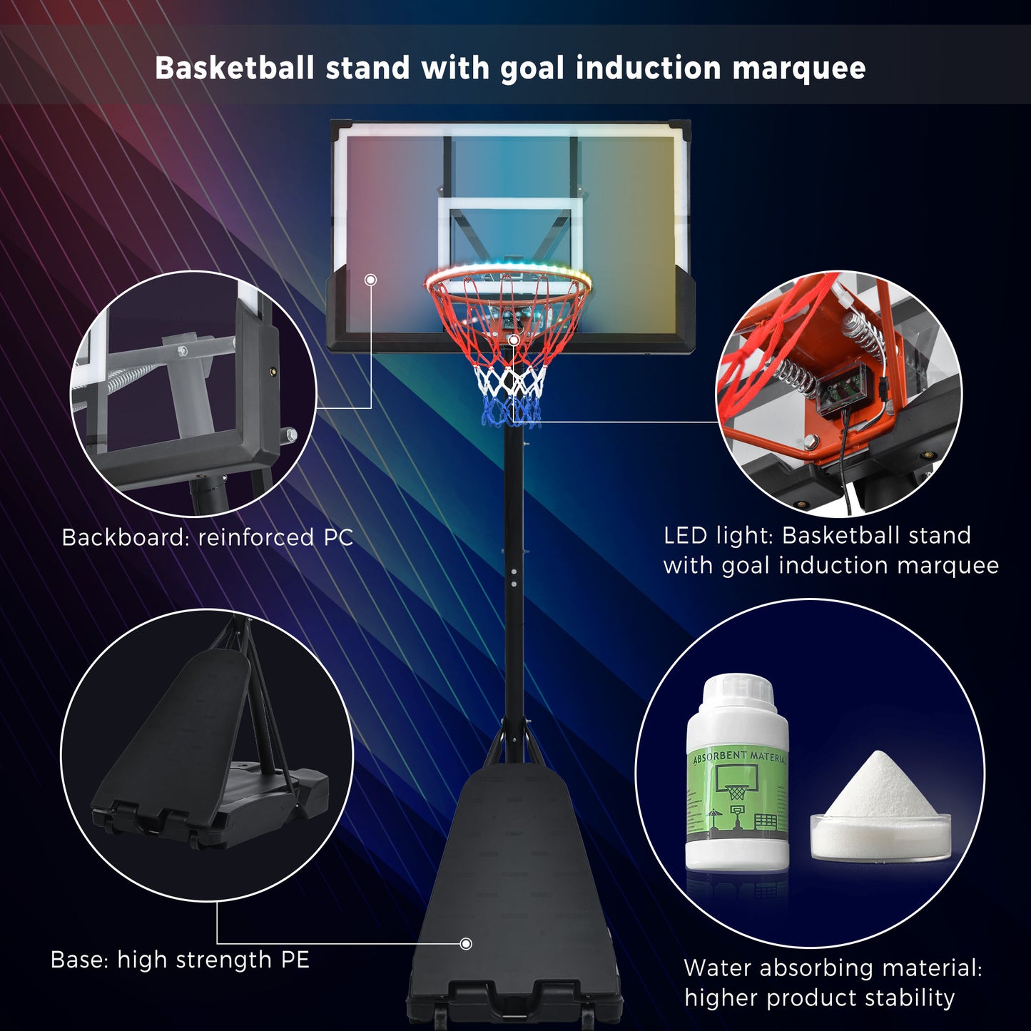 Portable Basketball Hoop Basketball System 8-10ft Height Adjustment for Youth Adults LED Basketball Hoop Lights, Colorful lights, Waterproof，Super Bright to Play at Night Outdoors,Good Gift for Kids