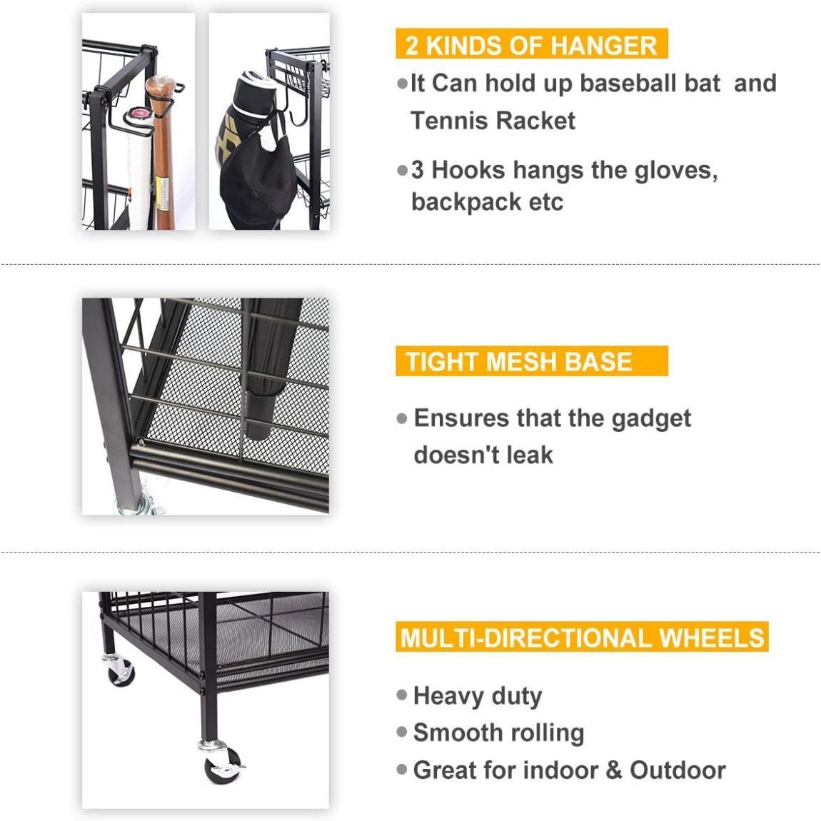 Sports Equipment Organizer, Sports Gear Basketball Storage with Baskets and Hooks,Ball Storage Rack, Garage Ball Storage, Sports Gear Storage,Rolling Sports Ball Storage Cart, Black