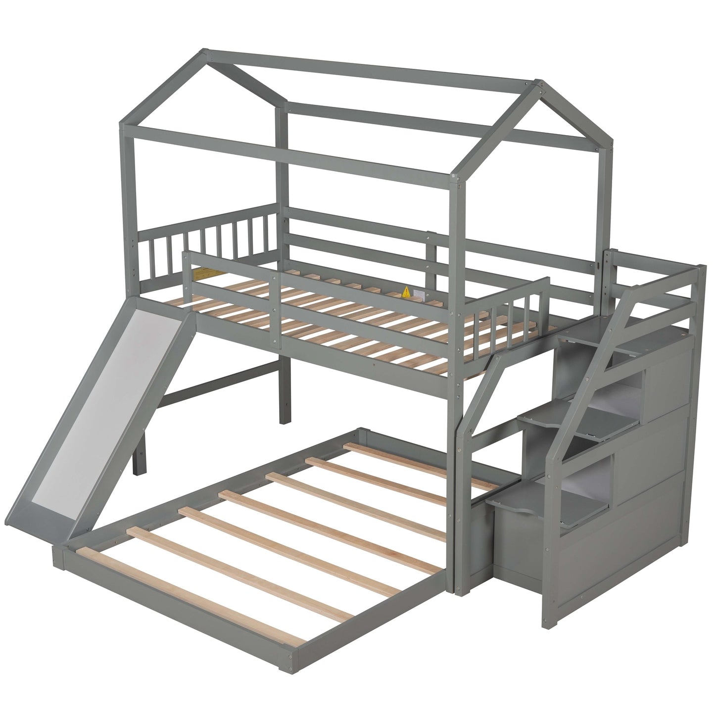 Twin over Full House Bunk Bed with Convertible Slide and Storage Staircase,Full-Length Guardrail,Gray