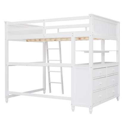 Full size Loft Bed with Drawers and Desk, Wooden Loft Bed with Shelves - White(OLD SKU:LT000529AAK)