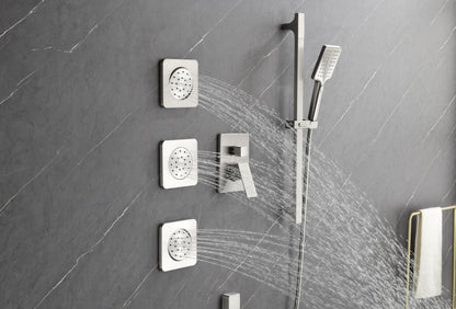 Shower System with Shower Head, Hand Shower, Slide Bar, Bodysprays, Shower Arm, Hose, Valve Trim, and Lever Handles