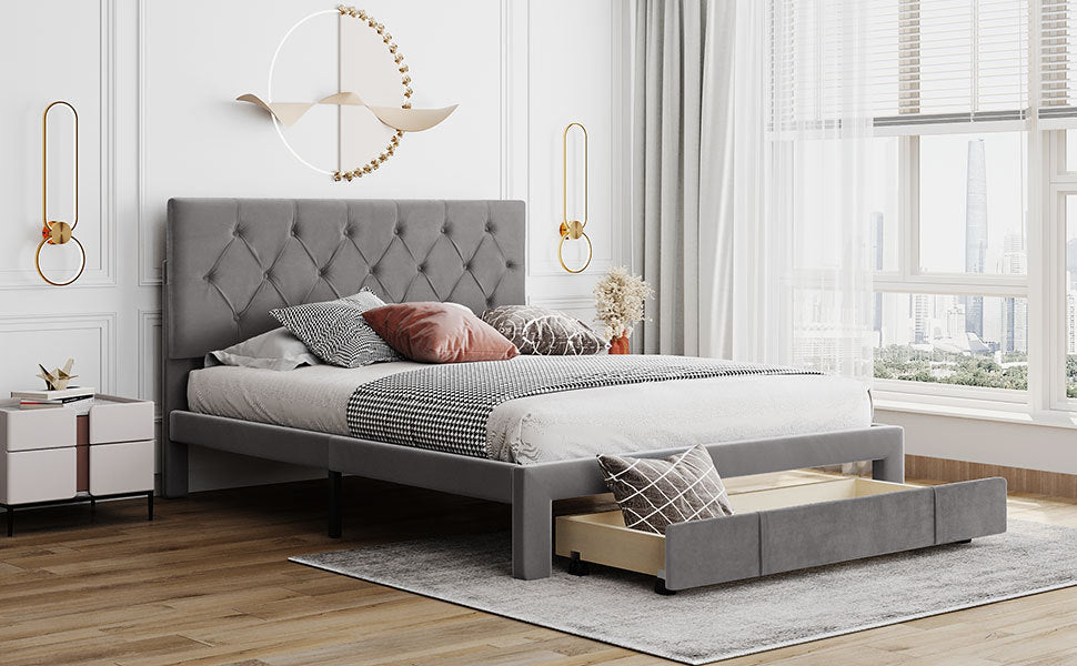 Queen Size Storage Bed Velvet Upholstered Platform Bed with a Big Drawer - Grey