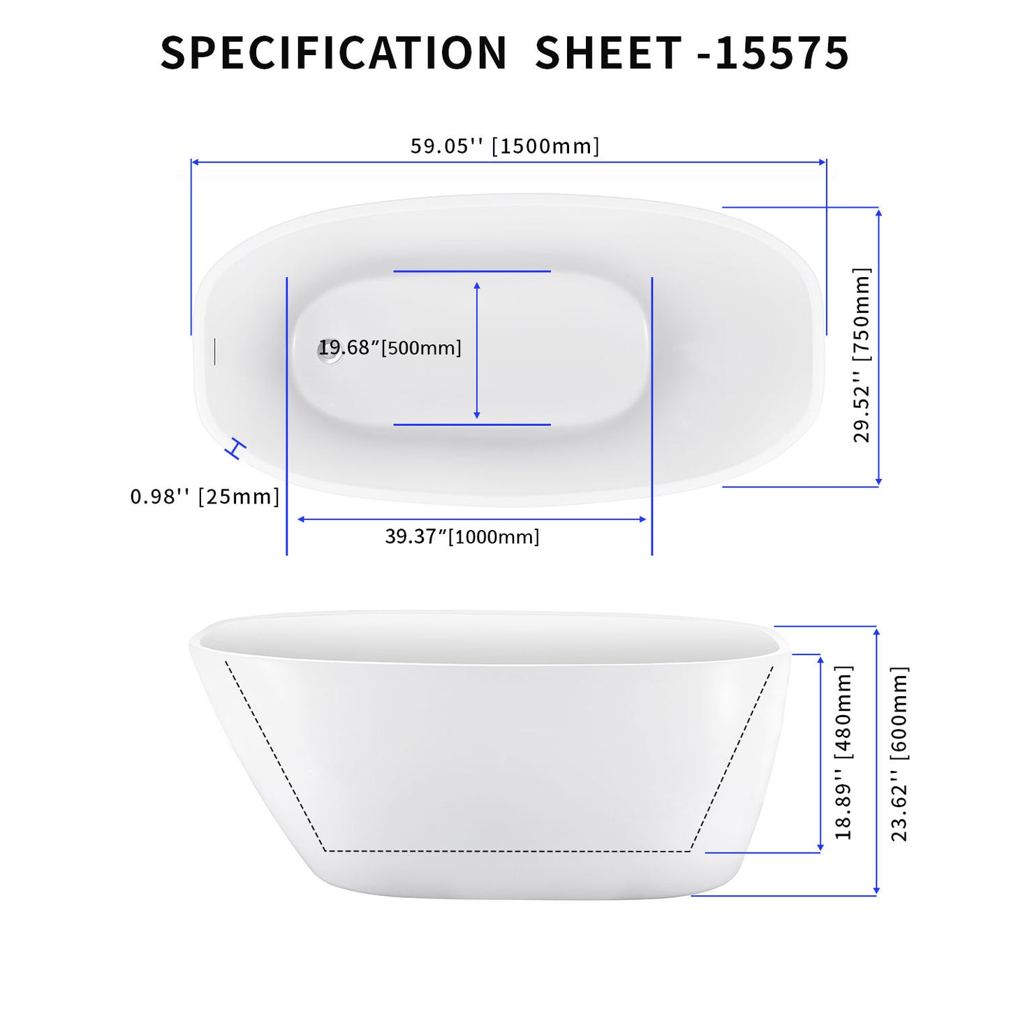 59" 100% Acrylic Freestanding Bathtub，Contemporary Soaking Tub，white Bathtub