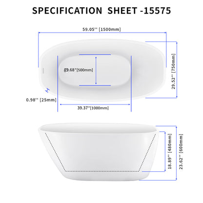 59" 100% Acrylic Freestanding Bathtub，Contemporary Soaking Tub，white Bathtub