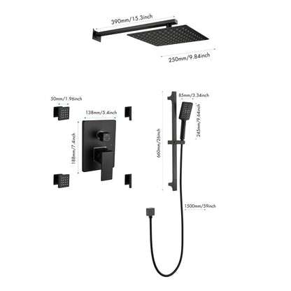 Shower System 10Inch Square Bathroom Luxury Rain Mixer Shower Combo Set Pressure Balanced Shower System with Shower Head, Hand Shower, Slide Bar, Shower Arm, Hose, and Valve Trim