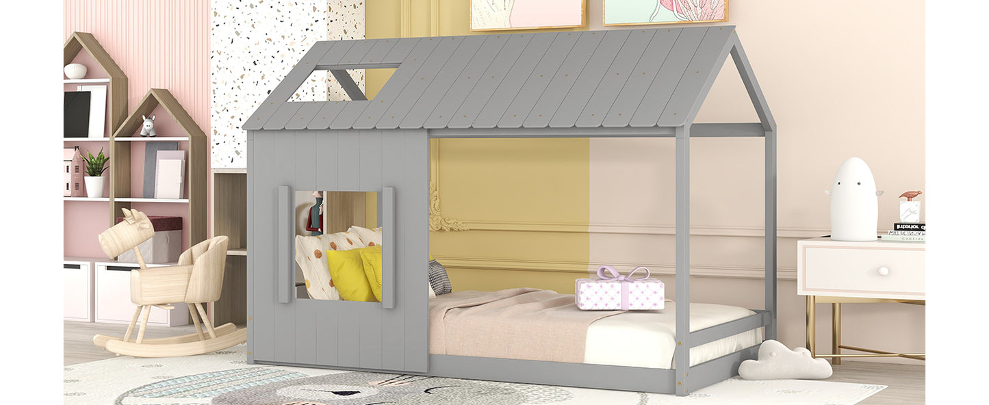 Twin Size House Bed with Roof and Window - Gray